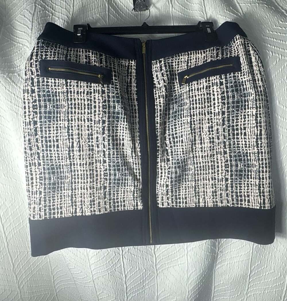 Jones New York Black and White Tweed Zip Front Mini Skirt with Pockets Size 16